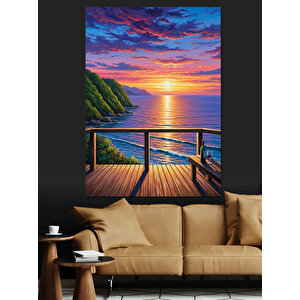 Deniz Manzaralı Balkon Günbatımı Dekoratif Kanvas - Mdf Ahşap Tablo 35x50 cm