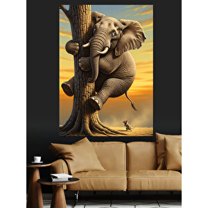 Ağaca Tırmanan Fil Dekoratif Kanvas - Mdf Ahşap Tablo 35x50 cm