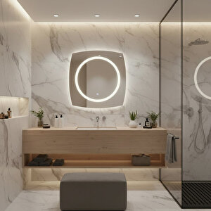 Kumlama Led Duvar Aynası – Touch Sensörlü, Dimmer Özellikli – Beyaz Işık 6500k – Kare Tasarım 50x50 cm