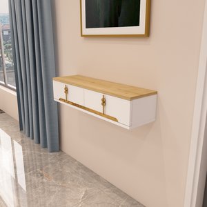 Roza 90 Cm Kapaklı, Raflı ,duvara Monte Dresuar beyaz-safirmeşe-altın