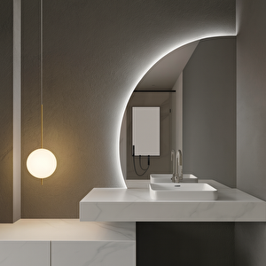 Modern Yarım Ay Led Ayna – Dokunmatik Dimmerli, 6500k Beyaz Işık Dekoratif Duvar Aynası 30x40 cm
