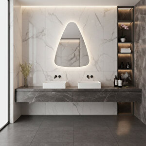 Modern Asimetrik Led Ayna – Dokunmatik, Dim Edilebilir, 6500k Beyaz Işıklı Banyo Aynası 70x90 cm