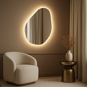 Modern Asimetrik Led Ayna – Dokunmatik, Dim Edilebilir, 3000k Günışığı Banyo Aynası 50x72 cm