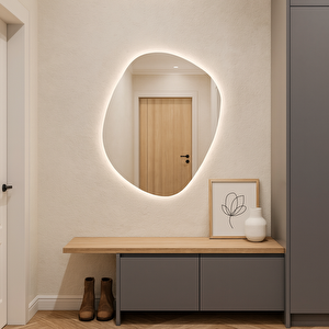Modern Asimetrik Led Banyo Aynası – Dokunmatik, Dim Edilebilir Günışığı 3000k 40x49 cm