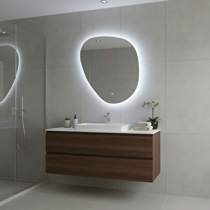 Modern Asimetrik Led Ayna – Dokunmatik, Dim Edilebilir, 6500 Beyaz Işık Banyo Aynası 70x83 cm