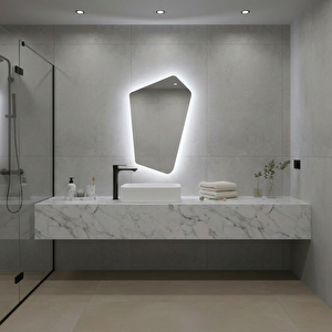 Modern Asimetrik Led Ayna – Dokunmatik, Dim Edilebilir, 6500k Beyaz Işıklı Banyo Aynası 75x120 cm