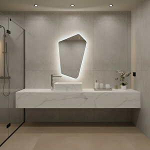 Modern Asimetrik Led Ayna – Dokunmatik, Dim Edilebilir, 6500k Beyaz Işıklı Banyo Aynası 75x120 cm