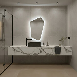 Modern Asimetrik Led Ayna – Dokunmatik, Dim Edilebilir, 6500k Beyaz Işıklı Banyo Aynası 75x120 cm