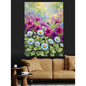Renkli Çiçek Bahçesi Resmi Dekoratif Kanvas - Mdf Ahşap Tablo 70x100 cm