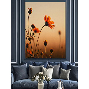 Turuncu Çiçek Silüeti Günbatımı Dekoratif Kanvas - Mdf Ahşap Tablo 100x140 cm