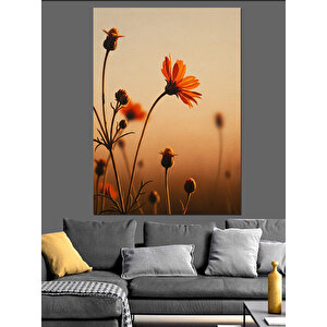 Turuncu Çiçek Silüeti Günbatımı Dekoratif Kanvas - Mdf Ahşap Tablo 100x140 cm