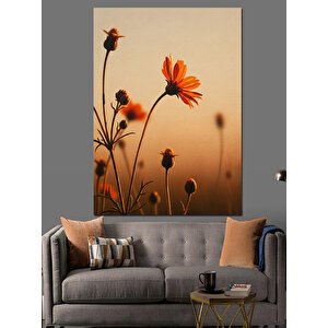 Turuncu Çiçek Silüeti Günbatımı Dekoratif Kanvas - Mdf Ahşap Tablo 100x140 cm