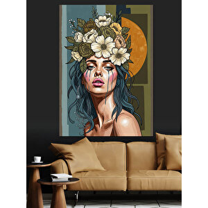 Çiçek Saçlı Kadın Portresi Dekoratif Kanvas - Mdf Ahşap Tablo 100x140 cm
