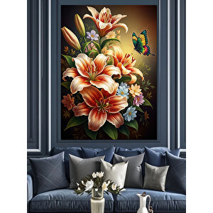 Turuncu Zambak Çiçek Buketi Dekoratif Kanvas - Mdf Ahşap Tablo 70x100 cm