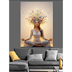 Çiçek Başlı Kadın Meditasyonu Dekoratif Kanvas - Mdf Ahşap Tablo 100x140 cm