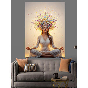 Çiçek Başlı Kadın Meditasyonu Dekoratif Kanvas - Mdf Ahşap Tablo 100x140 cm