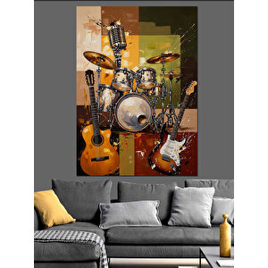 Gitar Bateri Müzik Aletleri Arkaplan Dekoratif Kanvas - Mdf Ahşap Tablo 50x70 cm
