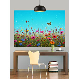 Çiçek Tarlası Kelebekler Manzara Dekoratif Kanvas - Mdf Ahşap Tablo 25x35 cm