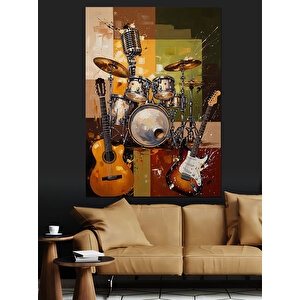 Gitar Bateri Müzik Aletleri Arkaplan Dekoratif Kanvas - Mdf Ahşap Tablo 70x100 cm
