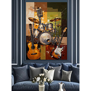 Gitar Bateri Müzik Aletleri Arkaplan Dekoratif Kanvas - Mdf Ahşap Tablo 70x100 cm