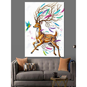Çiçek Boynuzlu Renkli Geyik Dekoratif Kanvas - Mdf Ahşap Tablo 70x100 cm
