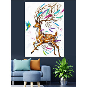 Çiçek Boynuzlu Renkli Geyik Dekoratif Kanvas - Mdf Ahşap Tablo 70x100 cm