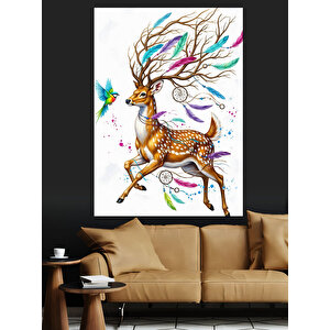 Çiçek Boynuzlu Renkli Geyik Dekoratif Kanvas - Mdf Ahşap Tablo 70x100 cm