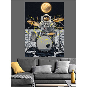 Bateri Çalan Astronot Çizimi Dekoratif Kanvas - Mdf Ahşap Tablo 100x140 cm