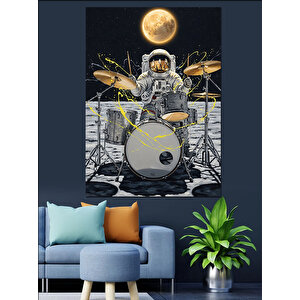 Bateri Çalan Astronot Çizimi Dekoratif Kanvas - Mdf Ahşap Tablo 100x140 cm