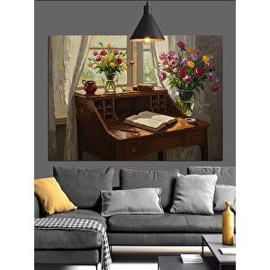 Natürmort Çiçek Kitaplar Dekoratif Kanvas - Mdf Ahşap Tablo 50x70 cm