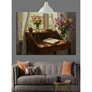 Natürmort Çiçek Kitaplar Dekoratif Kanvas - Mdf Ahşap Tablo 50x70 cm