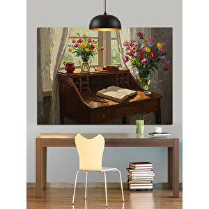 Natürmort Çiçek Kitaplar Dekoratif Kanvas - Mdf Ahşap Tablo 50x70 cm