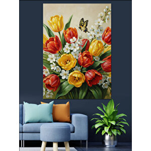 Laleler Çiçek Buketi Canlı Dekoratif Kanvas - Mdf Ahşap Tablo 100x140 cm