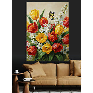 Laleler Çiçek Buketi Canlı Dekoratif Kanvas - Mdf Ahşap Tablo 100x140 cm