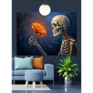İskelet  Çiçek Tutuyor Dekoratif Kanvas - Mdf Ahşap Tablo 70x100 cm