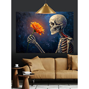 İskelet  Çiçek Tutuyor Dekoratif Kanvas - Mdf Ahşap Tablo 70x100 cm