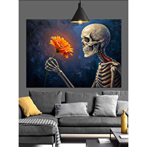 İskelet  Çiçek Tutuyor Dekoratif Kanvas - Mdf Ahşap Tablo 70x100 cm