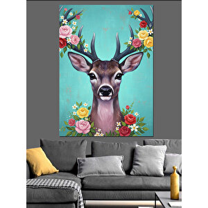 Çiçek Boynuzlu Geyik Dekoratif Kanvas - Mdf Ahşap Tablo 100x140 cm