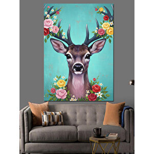 Çiçek Boynuzlu Geyik Dekoratif Kanvas - Mdf Ahşap Tablo 100x140 cm