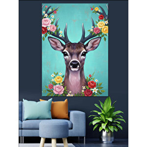 Çiçek Boynuzlu Geyik Dekoratif Kanvas - Mdf Ahşap Tablo 100x140 cm