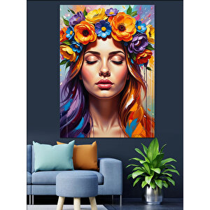 Çiçek Taçlı Kadın Portresi Dekoratif Kanvas - Mdf Ahşap Tablo 70x100 cm