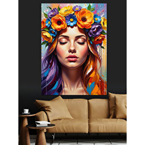 Çiçek Taçlı Kadın Portresi Dekoratif Kanvas - Mdf Ahşap Tablo 70x100 cm