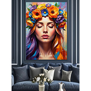 Çiçek Taçlı Kadın Portresi Dekoratif Kanvas - Mdf Ahşap Tablo 70x100 cm