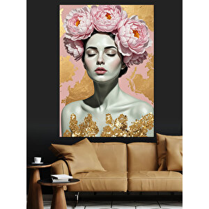 Çiçek Başlı Kadın Portresi Dekoratif Kanvas - Mdf Ahşap Tablo 100x140 cm