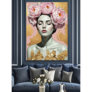 Çiçek Başlı Kadın Portresi Dekoratif Kanvas - Mdf Ahşap Tablo 100x140 cm