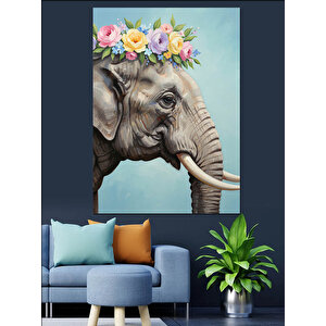 Çiçek Taçlı Fil Çizimi Dekoratif Kanvas - Mdf Ahşap Tablo 35x50 cm