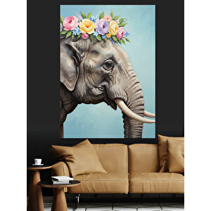 Çiçek Taçlı Fil Çizimi Dekoratif Kanvas - Mdf Ahşap Tablo 35x50 cm