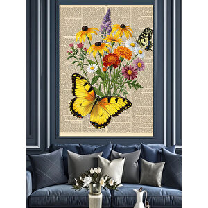 Vintage Kelebek Ve Çiçek Dekoratif Kanvas - Mdf Ahşap Tablo 25x35 cm