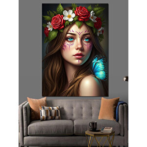 Çiçek Taçlı Kadın Portresi Dekoratif Kanvas - Mdf Ahşap Tablo 70x100 cm