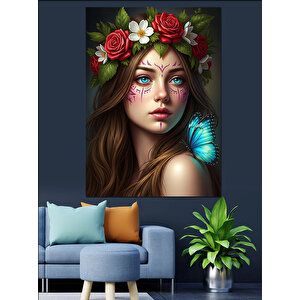 Çiçek Taçlı Kadın Portresi Dekoratif Kanvas - Mdf Ahşap Tablo 70x100 cm